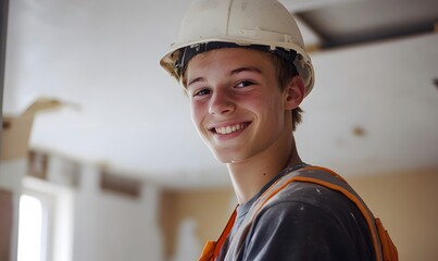 Young construction worker working on drywall installing ceiling,