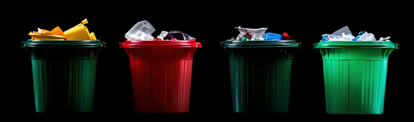 Four Diverse Trash Cans Overflowing with Garbage, Black Background - High-Resolution Visual for Waste Management, Recycling, and Refuse Disposal