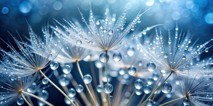 Abstract dandelion flower seeds with water drops background, nature, macro, close up, plant, beauty in nature, freshness