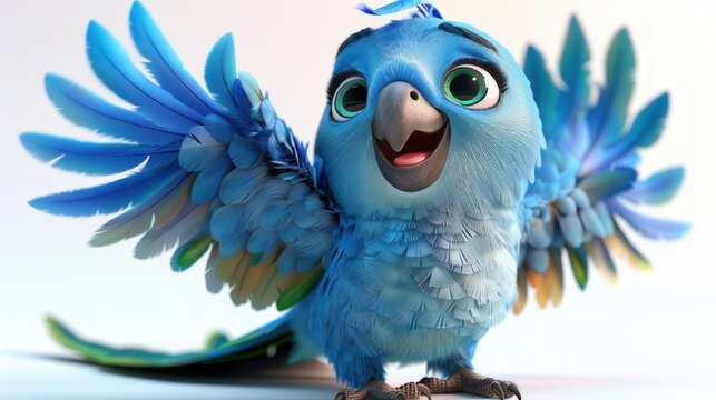 A blue cartoon parrot with green and yellow feathers, bright eyes, and a cheerful expression is shown with its wings spread.