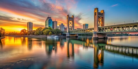 Sunset above the Sacramento skyline with the Sacramento River and Tower Bridge in California captured from a worm s eye view, travel, architectural, Tower Bridge, landmark, California © Sayfar