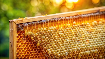 nutritious, hive, healthy, beeswax, sweet, pollen, delicious, golden, sweetener, close-up, A close up of a honeycomb beehive frame filled with raw honeycomb and dripping honey