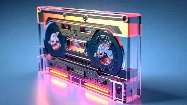 Transparent retro cassette tape glowing with vibrant neon lights on a futuristic background