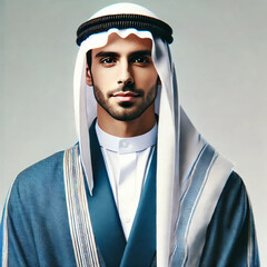 A man wearing a blue and white robe with a white scarf. Arabian business man8911