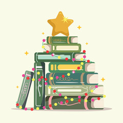 Stack of books decorate with light for christmas tree. Merry Christmas and Happy New Year banner, greeting card, poster, holiday design.