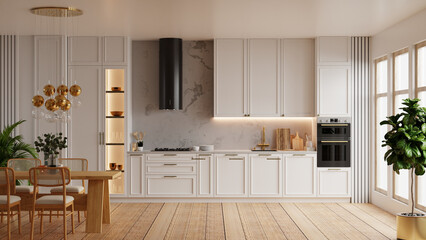 Kitchen features sleek white cabinets, a wooden dining table, and elegant gold accents, all beautifully illuminated by natural light streaming through large windows- 3D rendering