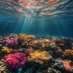 Underwater scene showcasing vibrant coral reefs illuminated by sunlight.