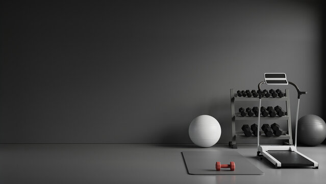 Minimalist home gym features a treadmill, dumbbells, exercise balls, and a yoga mat, all arranged neatly against a sleek dark gray wall- 3D rendering
