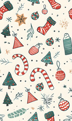 New Year's and Christmas festival seamless pattern in a 2D doodle illustrator style on pastel color backgrounds for graphic advertising.