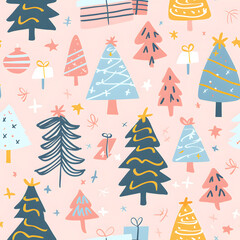 New Year's and Christmas festival seamless pattern in a 2D doodle illustrator style on pastel color backgrounds for graphic advertising.