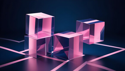 Three geometric cubes in pink, white, and navy blue on a dark blue background