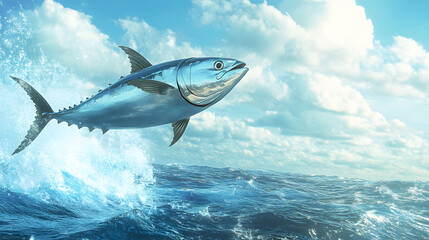 Fototapeta premium tuna fish jumping out of the ocean, its smooth, silver body catching the light as it arches through the air