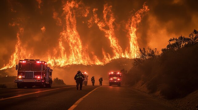 Firefighters and fire engines battling a wildfire , Generative AI