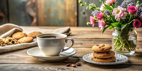 A cozy scene with a cup of coffee, cookies, and flowers on a table