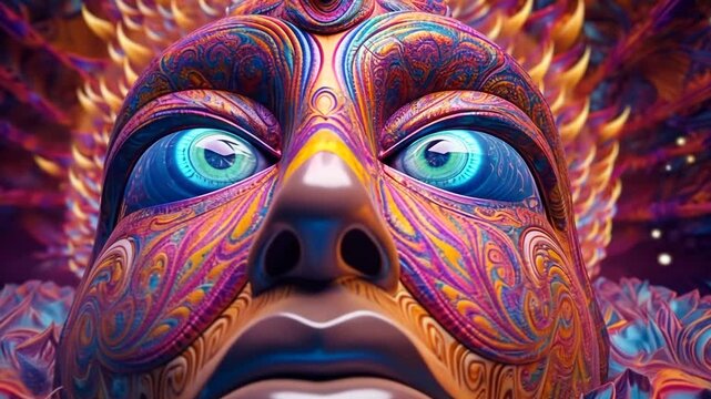 Surreal and vibrant DMT trip entity with intricate patterns and glowing eyes in a psychedelic dimension