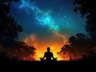 A serene silhouette of a person meditating under a starry sky, surrounded by vibrant colors evoking tranquility and peace.