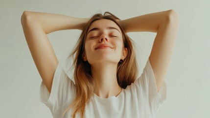 Fototapeta premium Casual woman midyawn, stretching arms upward, eyes halfclosed, white background, morning routine vibes, dynamic pose, energetic wakeup scene