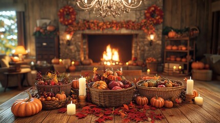 A cozy Thanksgiving Day home with autumn leaves