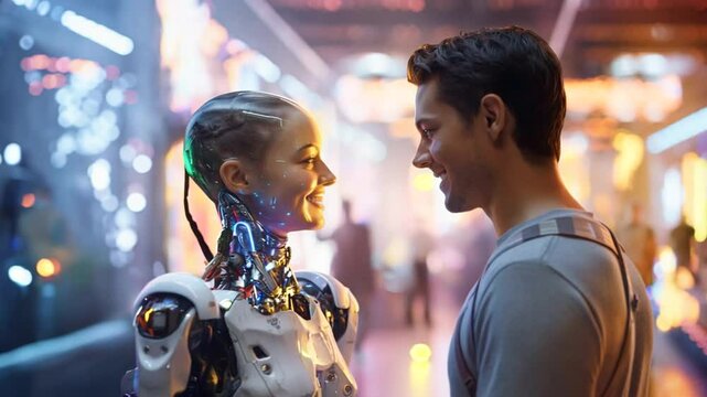 In a bustling futuristic city, a human man smiles affectionately at a female humanoid robot, hinting at a connection