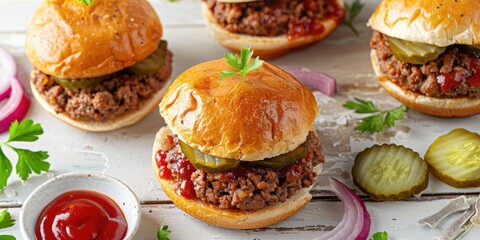 Loose Meat Sandwiches Featuring Ground Beef Served with Pickles, Onions, and Ketchup on a White Wooden Table Ã¢â‚¬â€œ Top View Flat Lay
