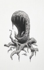 Fototapeta premium A surreal creature with a gaping maw and twisted roots, evoking a sense of eerie fascination and dark fantasy.