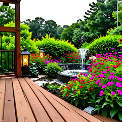 Obraz premium A wooden deck overlooking a lush garden with solar-powered lanterns, a rainwater fountain, and native wildflowers.