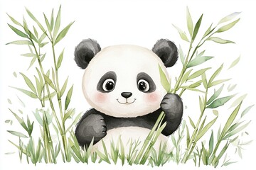 Cute panda holding bamboo, surrounded by lush greenery. A perfect illustration for wildlife and nature themes.