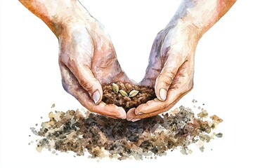 Hands gently cradling soil and seeds, symbolizing nature, growth, and the connection between humanity and the earth.