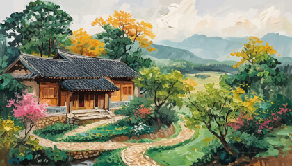 Asian-style house with garden path and mountain backdrop