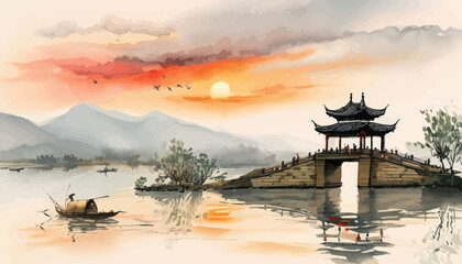 Asian-style pavilion with traditional architecture overlooking a tranquil lake