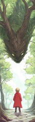 A young child in a red cloak stands before a mystical tree creature in an enchanted forest, evoking wonder and imagination.