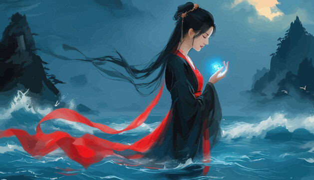 Asian Woman in Traditional Costume Releasing Blue Light from Hand