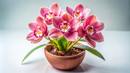 Naklejka premium Pink Cymbidium in pot Flower and bud of orchid Fisheye, pink flower, indoor plant, flora, houseplant, pink,pink cymbidium, fisheye, pot, beautiful, close-up, vibrant, bud, nature, botanical