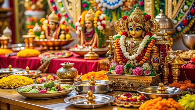 A stock photo depicting a beautifully arranged Puja tray and paraphernalia for worship in a Hare Krishna temple, paraphernalia, Hinduism, sacred,Puja tray, spirituality, faith, divine