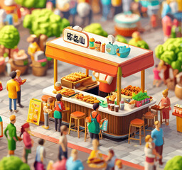 Bustling Street Food Market with Vibrant Vendors and Delicious Snacks