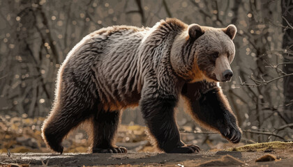 Fototapeta premium Brown bear walking in forest during sunset