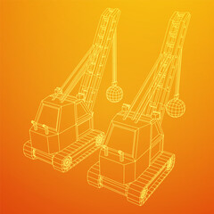Wrecking ball excavator, demolition crane machine. Wireframe low poly mesh vector illustration