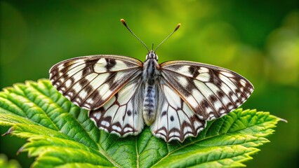 Naklejka premium A close up view of a Marbled white butterfly Melanargia galathea on a green leaf, delicate, leaf, insect, meadow, butterfly, wild, nature, fluttering, wildlife photography, fauna, Europe