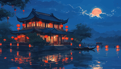Obraz premium Chinese-style architecture at night, illuminated by traditional lanterns, with a full moon in the background and a boat on the water