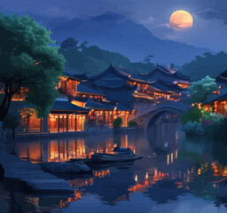 Fototapeta premium Chinese-style village at night with traditional architecture and a full moon