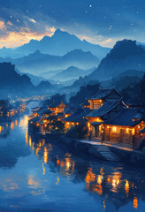Fototapeta premium Chinese-style village at dusk, with traditional houses and lanterns reflecting on the water