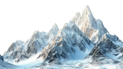 Snow-capped rugged mountains on transparent background