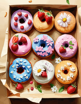 Colorful Donuts with Fresh Strawberries and Flowers