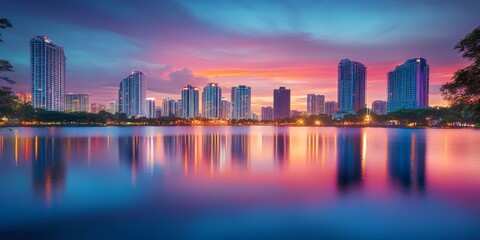 Fototapeta premium A vibrant city skyline reflected in the calm waters of a lake, where modern architecture meets the tranquil surface