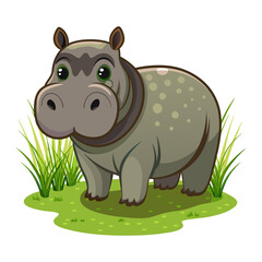 Hippopotamus standing on green grass cartoon character isolated on white background Stock Photos and Images generated Ai