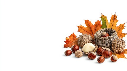 Obraz premium Autumn elements featuring chestnuts, colorful leaves, and natural textures create a warm seasonal display.