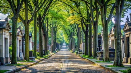 pathway, nature, tombstones, serene, France, Montparnasse Cemetery, peaceful, foliage, cemetery, leaves, A serene tree lined path at eye level amidst Montparnasse Cemetery in Paris France
