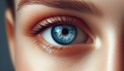Close-up photo of a human eye with blue iris on a light background, reflecting a concept of beauty and detail.