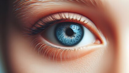 Close-up photo of a human eye with blue iris on a light background, reflecting a concept of beauty and detail.