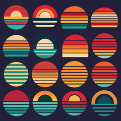 Set of retro sunsets in 80s and 90s style with round vector and t-shirt design